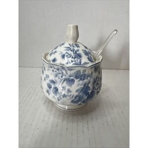 Nikko Tea Roses Blossom Time Blue Floral Sugar With Lid & Spoon